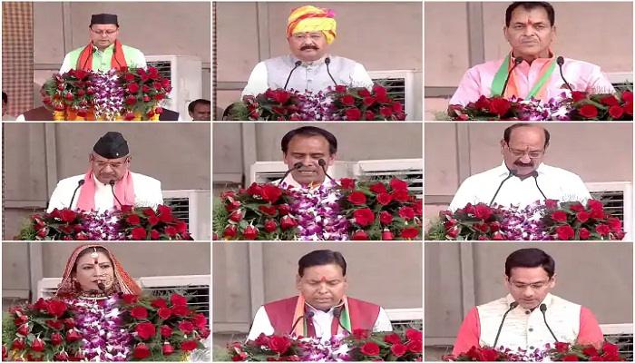 धामी के साथ 8 मंत्रियों ने ली शपथ, पारंपरिक वेश-भूषा में दिखी रेखा