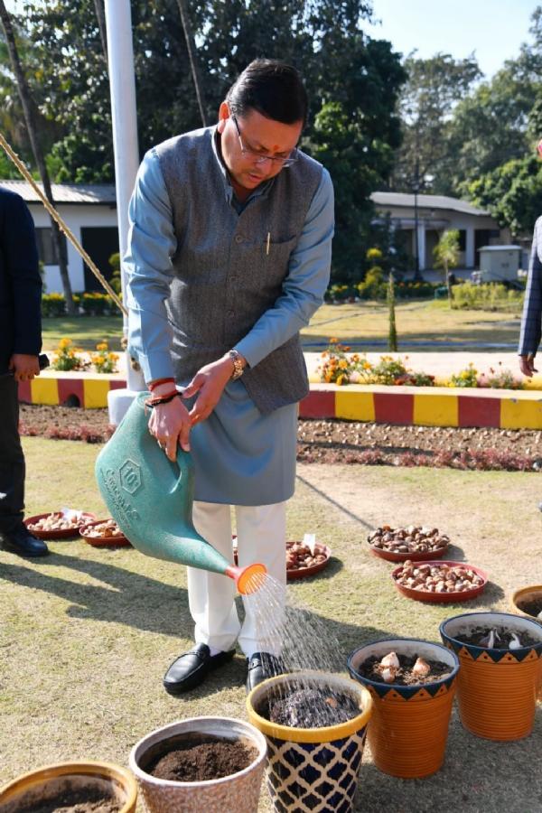 सीएम धामी ने किया ट्यूलिप की 13 प्रजातियों का रोपण