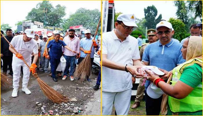 सीएम धामी ने झाड़ू लगाकर स्वच्छता का दिया संदेश