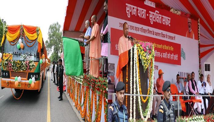 सीएम योगी ने 93 बसों को दिखाई हरी झंडी, यूपी के अलग-अलग जिलों से दिल्ली जाएंगी