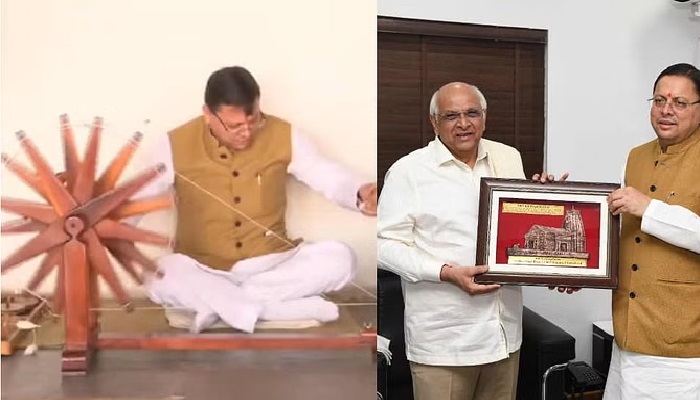सीएम धामी ने साबरमती आश्रम में चलाया चरखा, सीएम भूपेंद्र पटेल से की भेंट