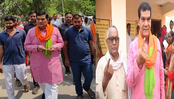 मंत्री एके शर्मा ने अपने गांव काझाखुर्द के मतदान केंद्र पर किया मतदान