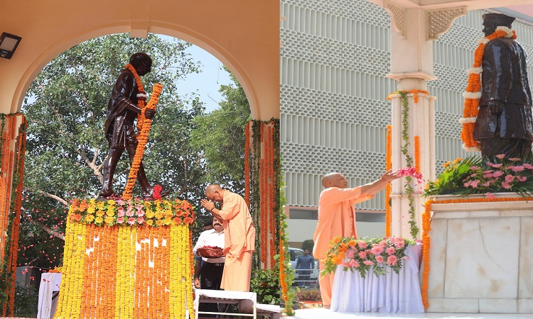 सीएम योगी ने राष्ट्रपिता की प्रतिमा पर की पुष्पांजलि, झाड़ू लगाकर दिया स्वच्छता का संदेश