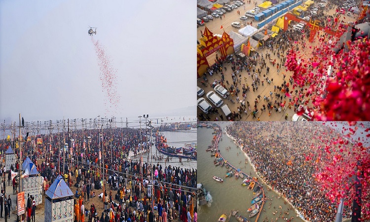योगी सरकार ने महाकुम्भ में स्नान पर्व पर श्रद्धालुओं पर कराई पुष्पवर्षा, अभिभूत श्रद्धालु बोले – जय श्री राम