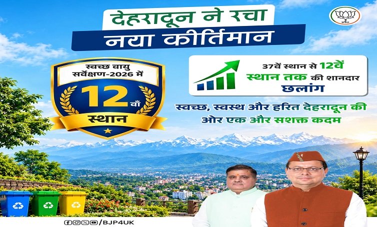 स्वच्छ वायु सर्वेक्षण-2026 में देहरादून की बड़ी छलांग, देशभर में 12वें स्थान पर पहुंची राजधानी