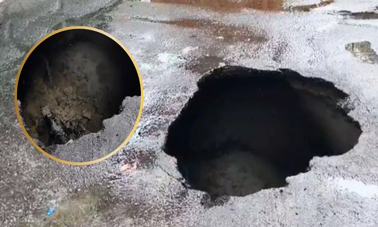लखनऊ में बारिश बनी आफत, IT चौराहे के पास धंसी सड़क; गड्ढे में गिरा बाइक सवार
