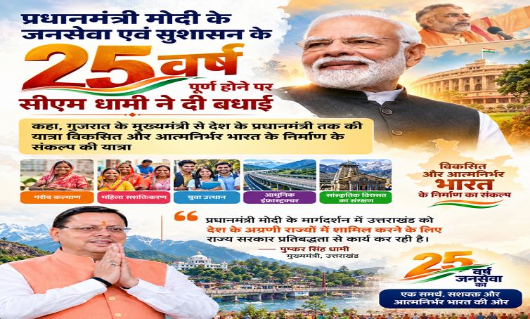 PM मोदी के जनसेवा एवं सुशासन के 25 वर्ष पूर्ण होने पर CM धामी ने दी बधाई